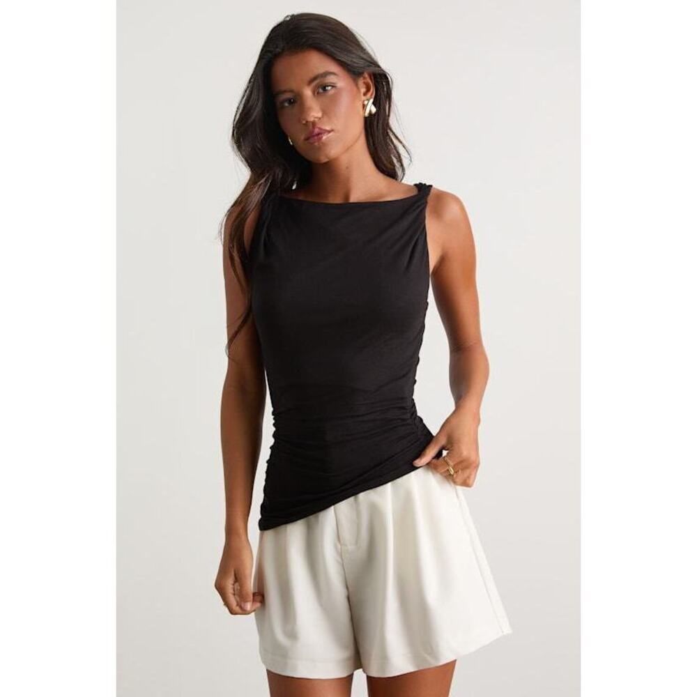Lulus Linzia Black Jersey Knit Asymmetrical Top - Size M